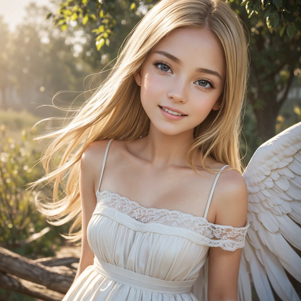 angel, armor gold , young blonde woman，beautiful brunette woman dress white, (masterpiece, best quality, high resolution:1.4), 1girl, angel, skin pores texture, Hair blonde, HD , Photography, movie, cinematic, full Body, Realistic, (8k, RAW photo, best quality, masterpiece:1.2), (realistic, photo-realistic:1.33), best quality, detailed eyes blue, cute, adorable,natural lighting, depth of field, film grain, wrinkled skin, sharp, detailed and realistic portrait of a woman , outside, wearing a white skirt, staring at camera, full lips, smiling, soft natural lighting, portrait photography, magical photography, dramatic lighting, photo realism, ultra-detailed, intimate portrait composition, Leica 50mm, 32C breasts,
