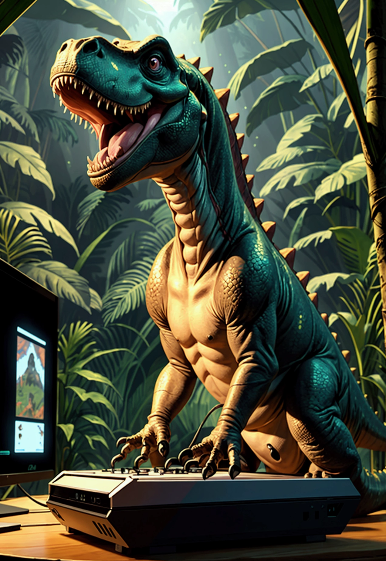 a dinosaur with his mouth closed who play video game with a pc on the jungle