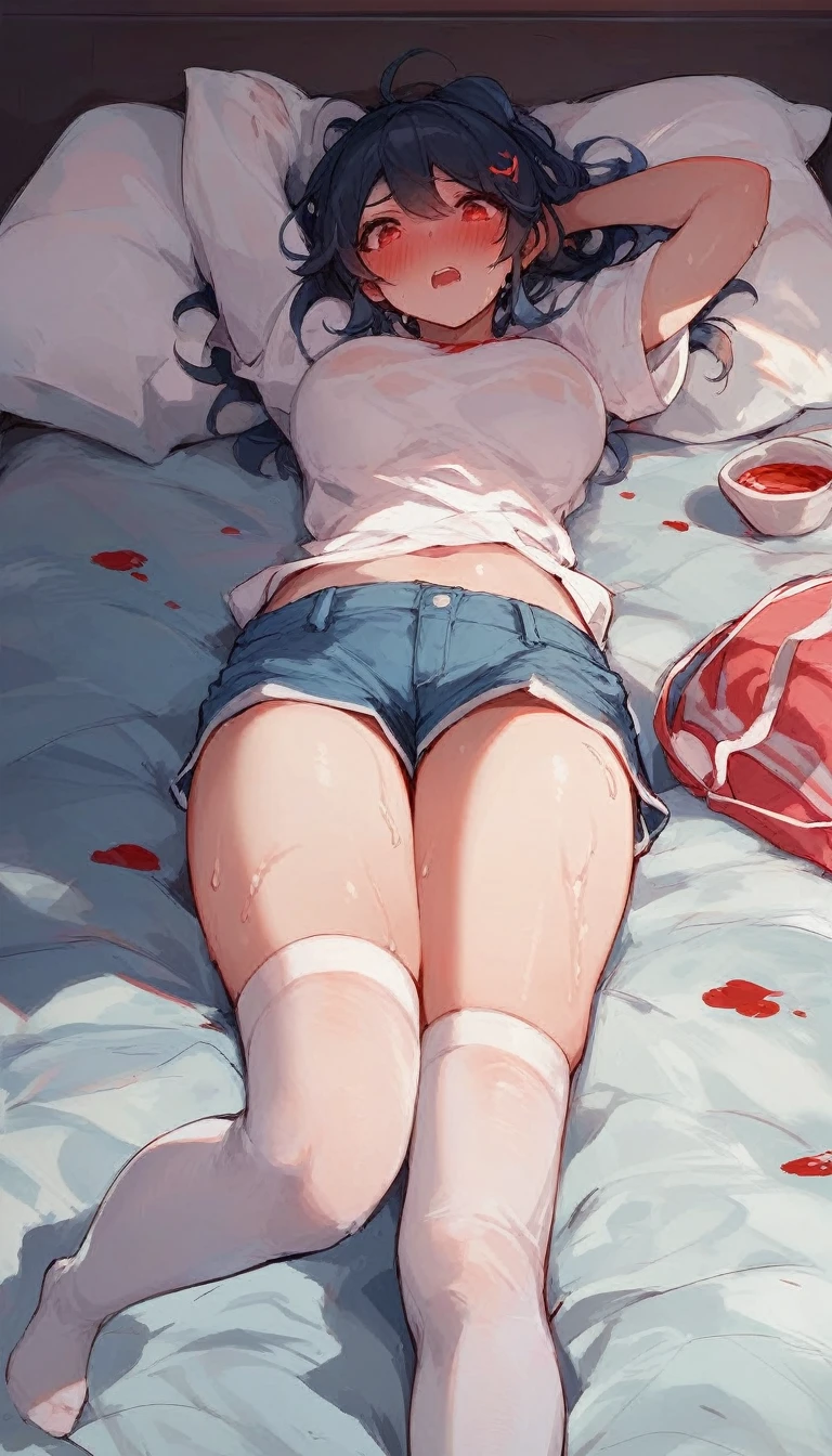 score_9,score_8_superior,score_7_superior,sauce_anime,Lying in bed,A woman in a cosplay costume was sitting on a bed with her hands on her head.。,Panic look,blushing and sweating,White Stockings,No shoes,sweating,Scary face,Scorching hot environment,Casual shorts,Struggling,