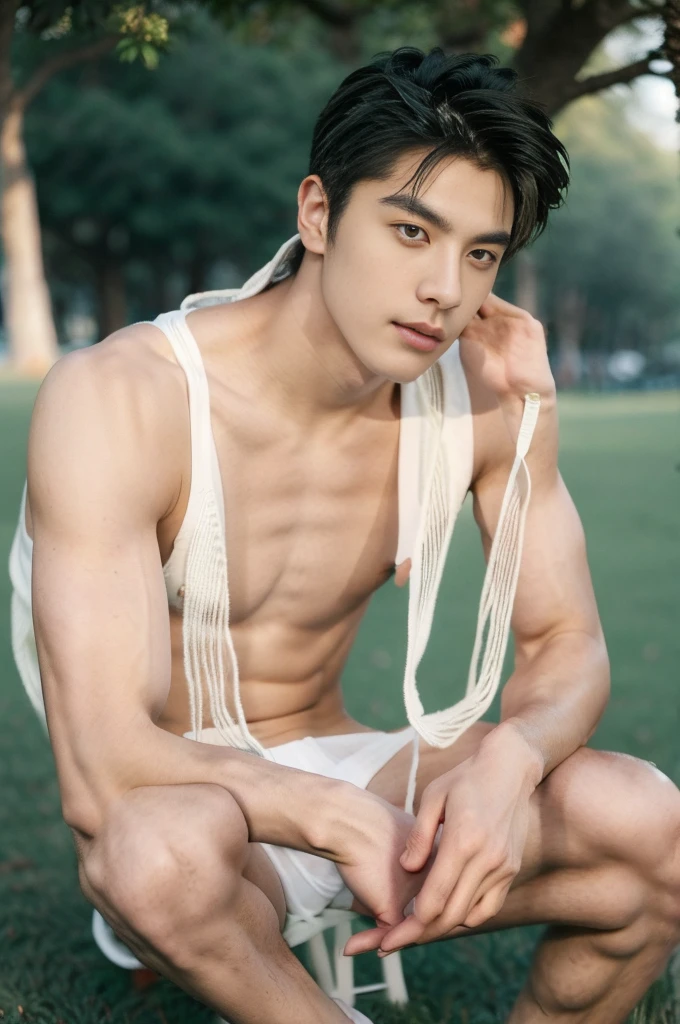 Asian muscular boy sitting on grass, sexy, Dark eyebrows, topless, abs, wearing white thong high cut underwaer, white high cut Jockstrap, muscular young male, mid shot portrait, high quality portrait, Attractive pose, cute young man, gorgeous young model, portrait a 25 - year - old boy, casual photography, Realistic. Cheng Yi, cute young man, ((wearing micro string thong))