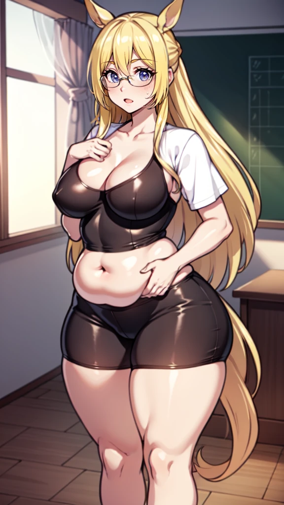 , ((high resolution)),Masterpiece, high quality, Best Quality, beautiful, perfect lighting, detailed face, ultra cute face, ((1 girl)), ((Alone), long blonde hair, Horse tail, Blue eyes, glasses, embarrassed look, masochist, woken up, ((blush)), looking at the viewer, crossed arms, standing in a classroom, (classroom), day time, Dress shirt, tube skirt, (tight clothes), ((chubby)), (High thighs), (Wide hips), ((thick thighs)), medium breasts, perky breasts, 24 year old woman,