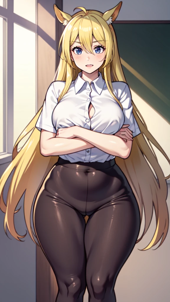 , ((high resolution)),Masterpiece, high quality, Best Quality, beautiful, perfect lighting, detailed face, ultra cute face, ((1 girl)), ((Alone), long blonde hair, Horse tail, Blue eyes, glasses, embarrassed look, masochist, woken up, ((blush)), looking at the viewer, crossed arms, standing in a classroom, (classroom), day time, Dress shirt, tube skirt, (tight clothes), ((chubby)), (High thighs), (Wide hips), ((thick thighs)), medium breasts, perky breasts, 24 year old woman,