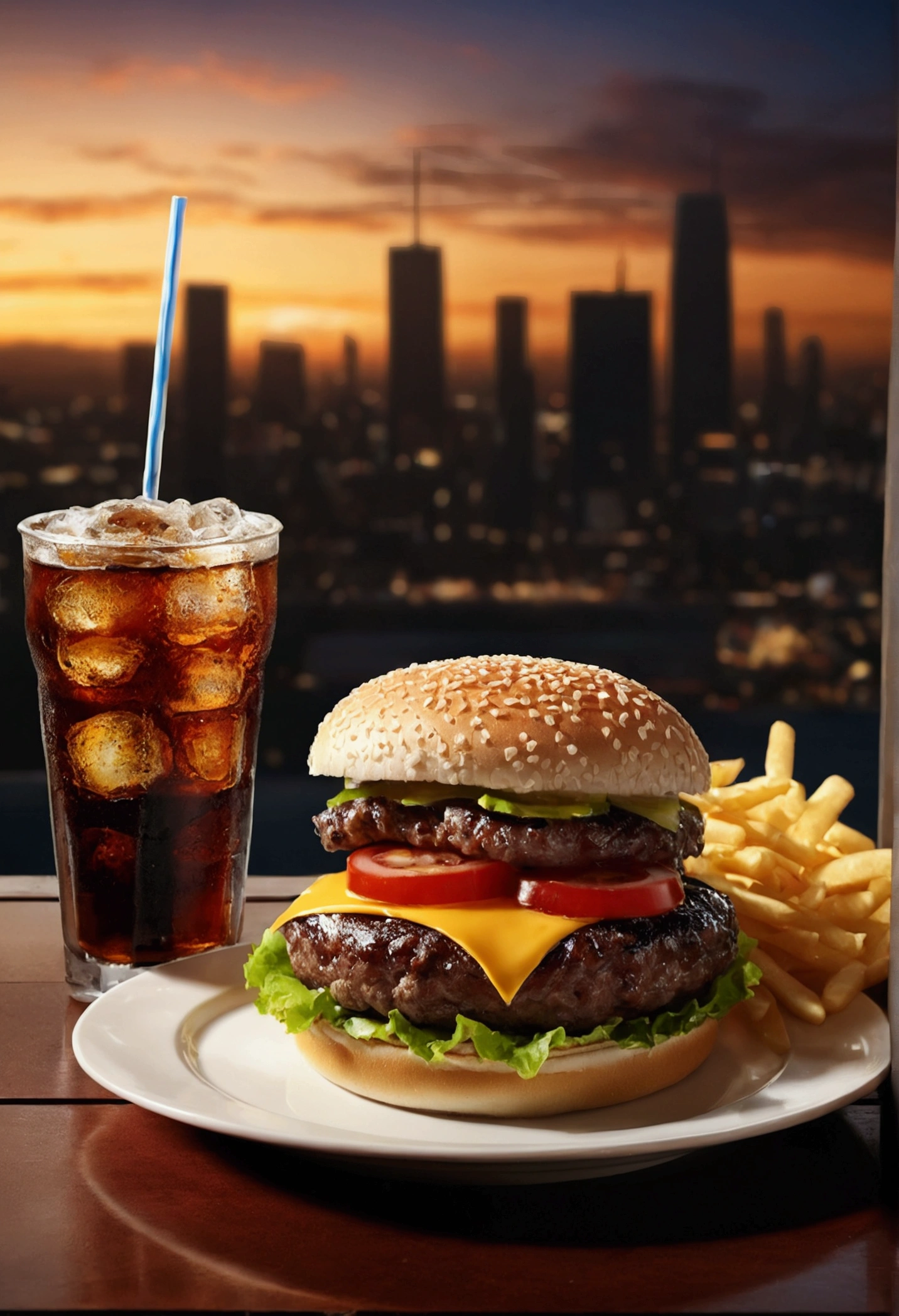 A delicious hamburger and cola set、Overlooking