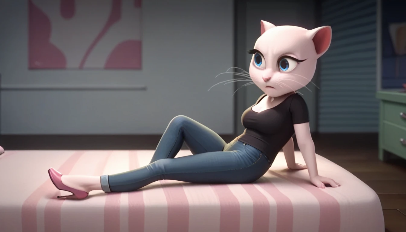 solo focus, a_la, 1girl, cat, white fur, long whiskers on both sides of the face, big bright blue eyes, big black eyelashes, pink nose, triangular ears with pink channels, big breasts, high heels, jeans, Black T-shirt. 1 girl and 1 boy human. side view. in bed. The man lies flat on the floor with his legs closed. Woman sits on man, vaginal, scream, lying, at home, looking back, penis, rape of 1 man, girl. Score_9, Score_8_up, Score_7_