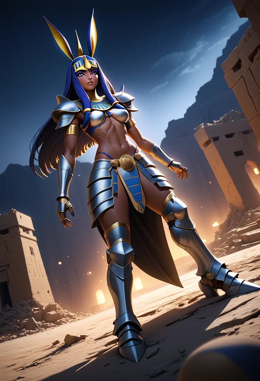 (masterpiece, top quality, best quality, beautiful and aesthetic:1.2), full body, SFW, extremely detailed, detailed eyes, purple eyes, detailed hands, cinematic light, depth of field, 1girl, seducing smile, solo, official, (full armored knight:1.4), Nitocris from Fate, slim body tanned, tan skin, egyptian, pharaoh, cinematic lighting, dramatic lighting, dramatic atmosphere, hyper-realistic, high resolution, stunning contrast, high quality, best quality, 8k, 4k, intricately detailed, (amazing details:1.2), highly detailed skin, powerful presence, vibrant colors, (detailed eyes:1.2), striking eyes, (detailed background), (warzone on background, night, ruins), (dynamic angle:1.2), (dynamic pose:1.2)