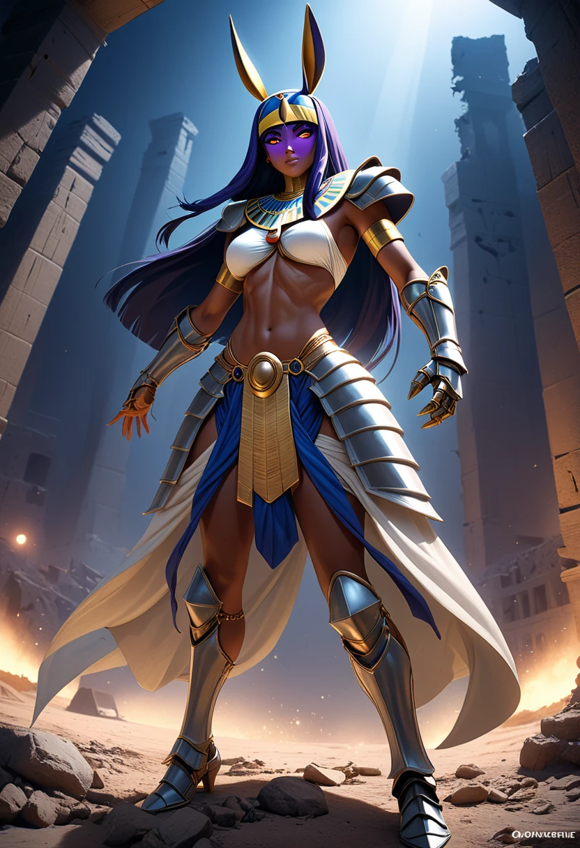 (masterpiece, top quality, best quality, beautiful and aesthetic:1.2), full body, SFW, extremely detailed, detailed eyes, purple eyes, detailed hands, cinematic light, depth of field, 1girl, seducing smile, solo, official, (full armored knight:1.4), Nitocris from Fate, slim body tanned, tan skin, egyptian, pharaoh, cinematic lighting, dramatic lighting, dramatic atmosphere, hyper-realistic, high resolution, stunning contrast, high quality, best quality, 8k, 4k, intricately detailed, (amazing details:1.2), highly detailed skin, powerful presence, vibrant colors, (detailed eyes:1.2), striking eyes, (detailed background), (warzone on background, night, ruins), (dynamic angle:1.2), (dynamic pose:1.2)