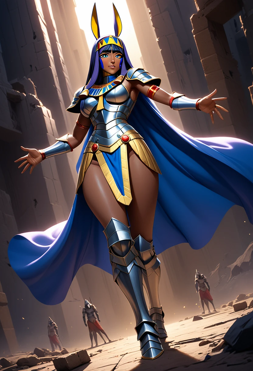 (masterpiece, top quality, best quality, beautiful and aesthetic:1.2), full body, SFW, extremely detailed, detailed eyes, purple eyes, detailed hands, cinematic light, depth of field, 1girl, seducing smile, solo, official, (full armored knight:1.4), Nitocris from Fate, slim body tanned, tan skin, egyptian, pharaoh, cinematic lighting, dramatic lighting, dramatic atmosphere, hyper-realistic, high resolution, stunning contrast, high quality, best quality, 8k, 4k, intricately detailed, (amazing details:1.2), highly detailed skin, powerful presence, vibrant colors, (detailed eyes:1.2), striking eyes, (detailed background), (warzone on background, night, ruins), (dynamic angle:1.2), (dynamic pose:1.2)