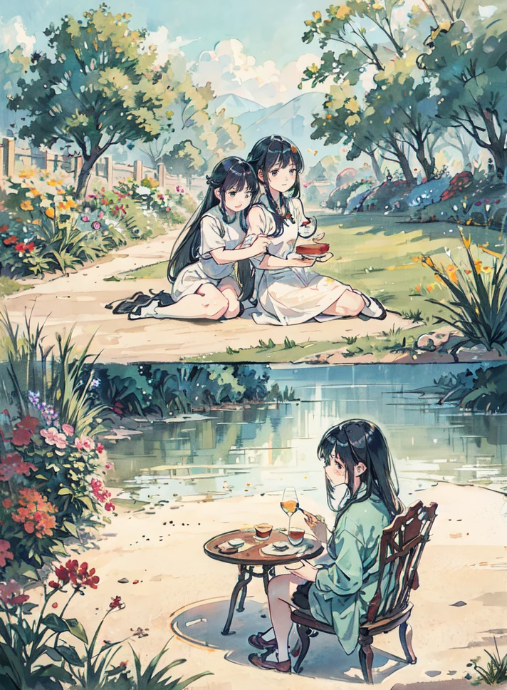 masterpiece, Highest quality, detailed, Two Girls, Asian, Drinking tea in the garden, summer, Wind, 8K, amazing