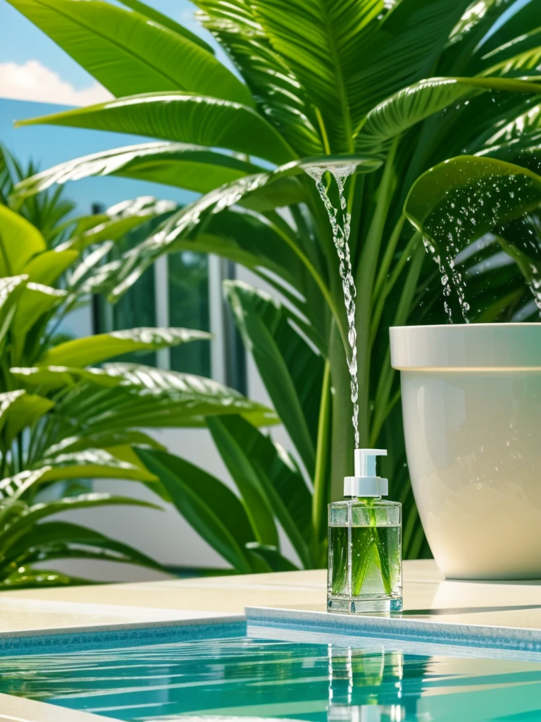 Professional studio photography in high quality, product photography, in the foreground a face serum stands on a round monochromatic podium, refreshing theme, splashes of water, drops of water flowing down the serum, in the background blurred mint leaves and palm leaves, daytime sunny background, greenish shades , photorealism, photorealism, ultra realism, 8k, SLR camera