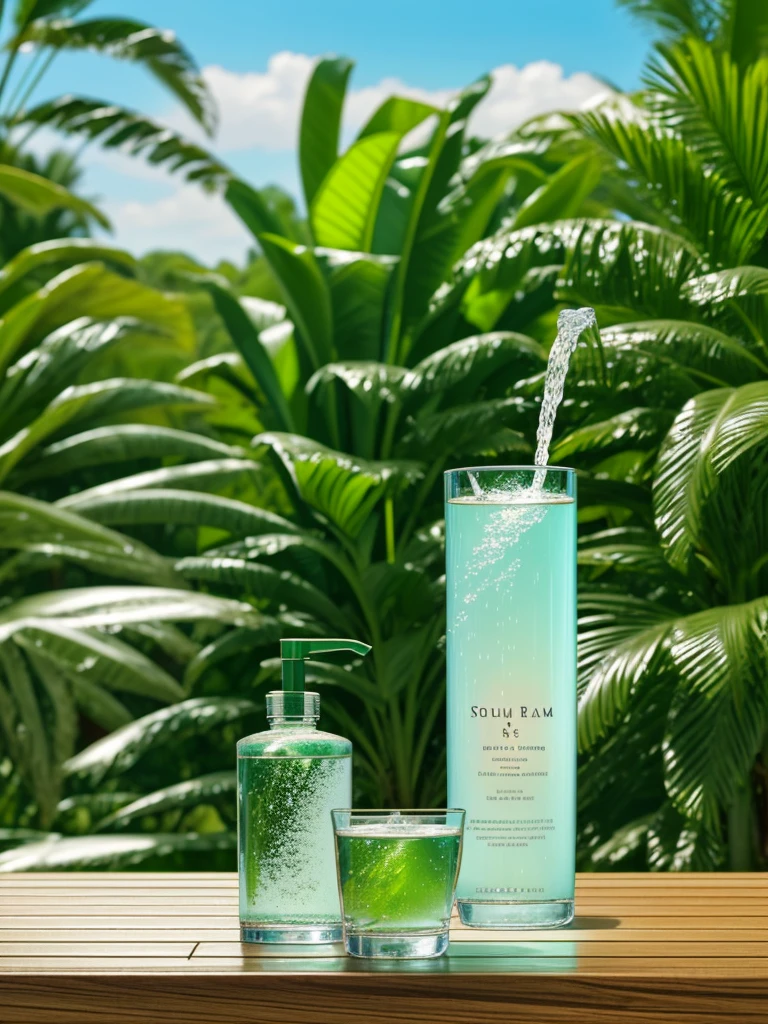 Professional studio photography in high quality, product photography, in the foreground a face serum stands on a round monochromatic podium, refreshing theme, splashes of water, drops of water flowing down the serum, in the background blurred mint leaves and palm leaves, daytime sunny background, greenish shades , photorealism, photorealism, ultra realism, 8k, SLR camera