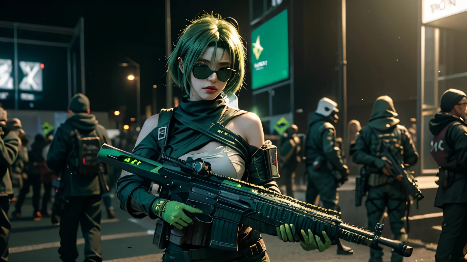 8K, UHD, masterpiece, 1 girl, detailed face, smart face, ((sunglasses)), detailed eyes, sniper rifle in hand, battleroyal, call of duty cosplay, call of duty modern warfare 3, ((ghost tribe)), ((green cosplay:1.5)), ((bare shoulder)), belts, gun, methic gun, futuristic art, cyberpunk lihting, ultra extreme graphics, RTX 4090, ray tracing, bloom, depth of field, motion blur,