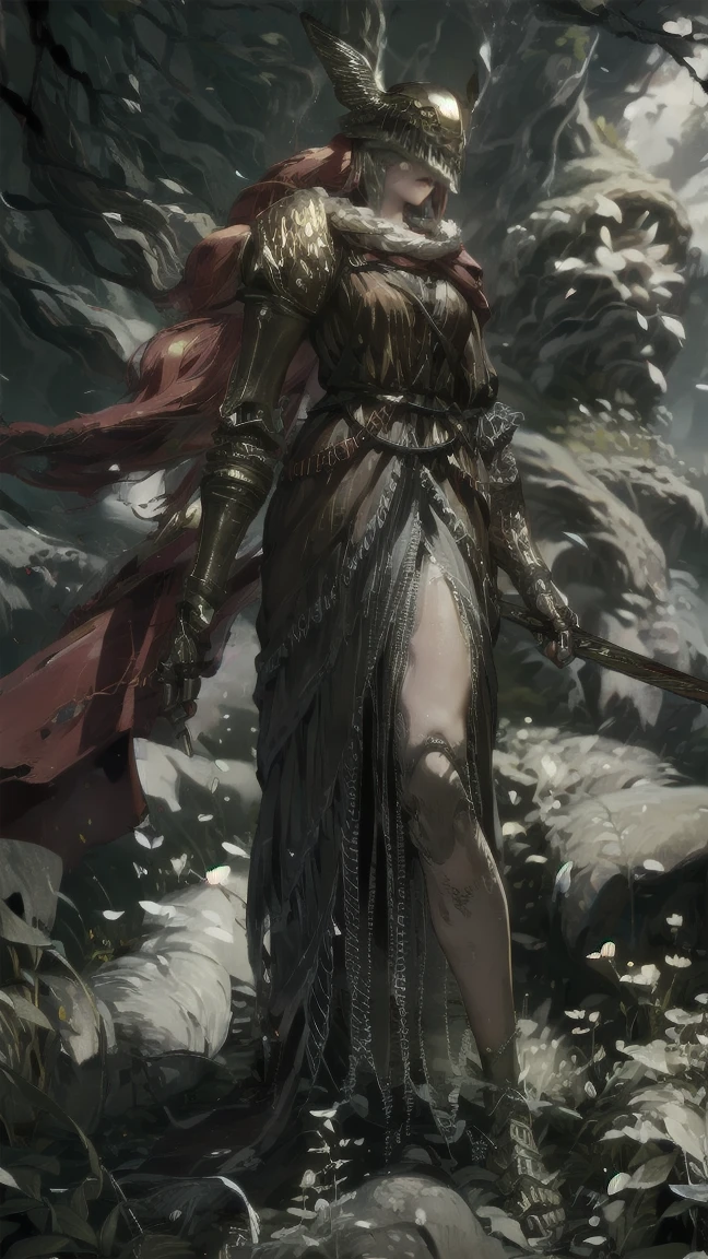 1 girl, ultra sharp image, Portrait of a girl, Gothic style, fantasy, beautiful figure, beautiful, full length (full body 1.1.), big tree in the background, slender legs, buttocks, slender legs, Wasp waist, sexy, fighting pose, fighting stance, only,helmet,light-skinned Женский, One, long curved sword in hand