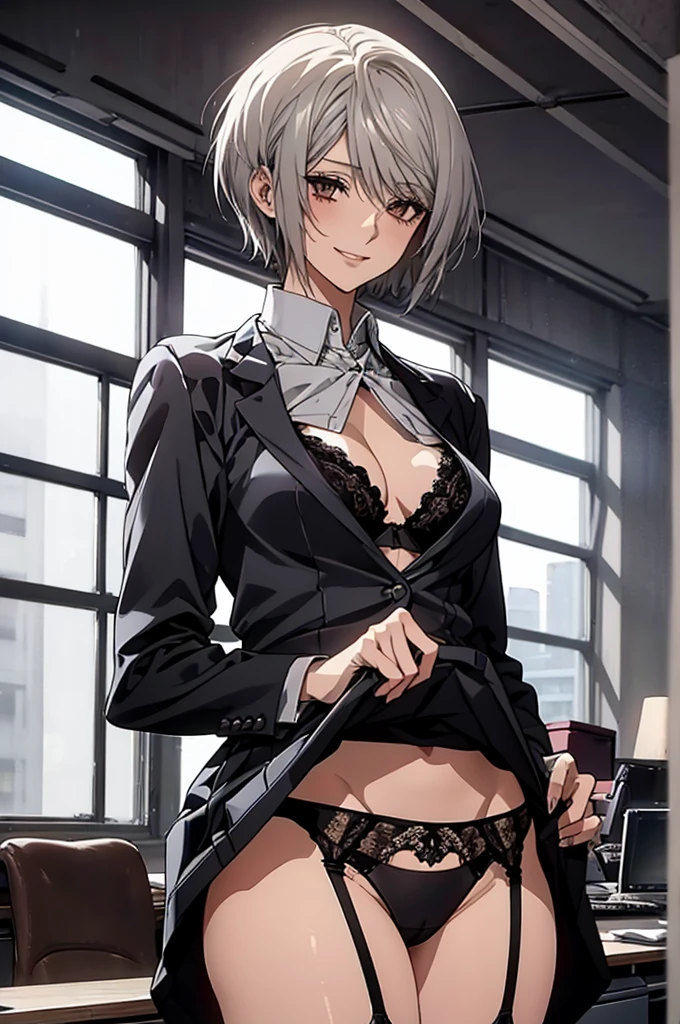 (Highest quality, High resolution, Very detailed), 1 female, Silver Hair, ToneShort Hair, Reddish brown eyes, office staff suit skirt, lace thong bra, garter belt, secretary, 24th generation, Beautiful woman, mature, quiet, Calm, Large Breasts, A small smile, office,