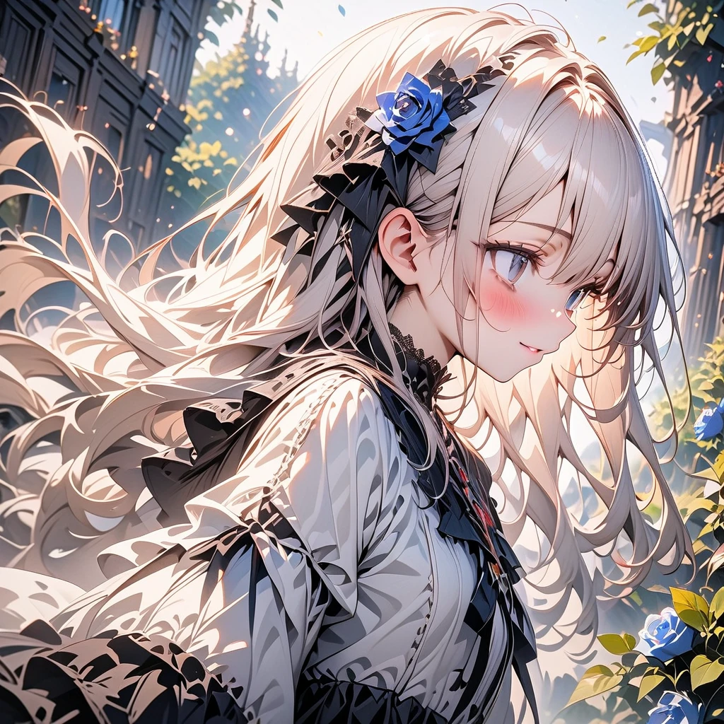((Masterpiece)), ((best quality)), (Anime), ((kawaii)), ((extremely detailed)), 4K, (8K), (super detail:1.2), (High Definition:1.3), (Professional Photography:1.2), (profile), cinematic lighting, (very aesthetic:1.2), (absurdres:1.2), intricate details, ai-generated, newest, (sharp focus), (perfect light), ((12 years old)), ((1girl)), Textured skin, ((Beautiful Gothic Lolita pure-white-Dresses)), (very hoop-dress), Luxury roses embroidery, cute innocent young girl, ((loose swept bangs)), Slender and small breasts, (silky blond hair), lustrous hair, (gothic lolita makeup), ((bags under the eyes)), lower eyelashes, beautiful hair, smile, (blush), Light particles, ((Spread arms wide)), in beautiful Fantastic garden, (blue roses garden)