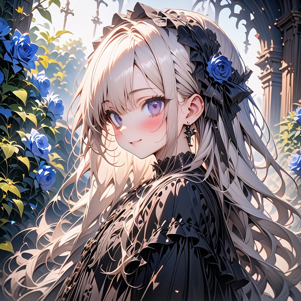 ((Masterpiece)), ((best quality)), (Anime), ((kawaii)), ((extremely detailed)), 4K, (8K), (super detail:1.2), (High Definition:1.3), (Professional Photography:1.2), (profile), cinematic lighting, (very aesthetic:1.2), (absurdres:1.2), intricate details, ai-generated, newest, (sharp focus), (perfect light), ((12 years old)), ((1girl)), Textured skin, ((Beautiful Gothic Lolita pure-white-Dresses)), (very hoop-dress), Luxury roses embroidery, cute innocent young girl, ((loose swept bangs)), Slender and small breasts, (silky blond hair), lustrous hair, (gothic lolita makeup), ((bags under the eyes)), lower eyelashes, beautiful hair, smile, (blush), Light particles, ((Spread arms wide)), in beautiful Fantastic garden, (blue roses garden)