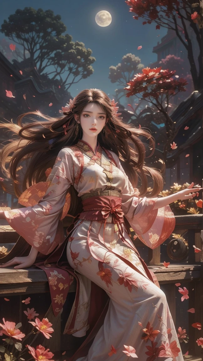 A beautiful woman with perfect curves wearing a long dress that gently flutters in the air,The beautiful woman was lie down in a sea of beautiful flowers surrounding her, Chinese traditional, her flexible body increasing with every movement, So enchanting, the dim candlelight, the glowing butterflies fighting the darkness of the night, the light of the moon, The night wind blowing the curtains, the pink flower petals , flower petals flying around the room, Chinese dancing, This woman is so beautiful that she attracts everyone who watches her, ancient China, imperial empress