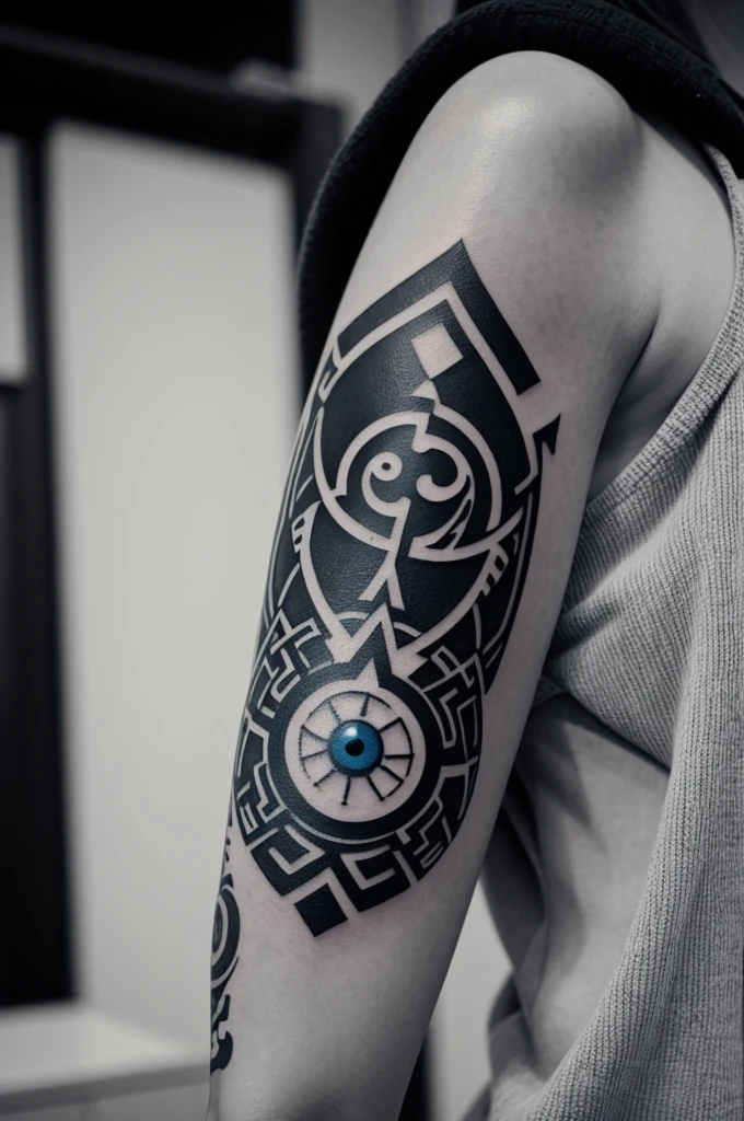 Tattoo on the arm of a Nordic woman in gray scale with a blue eye with Nordic symbols and landscape behind