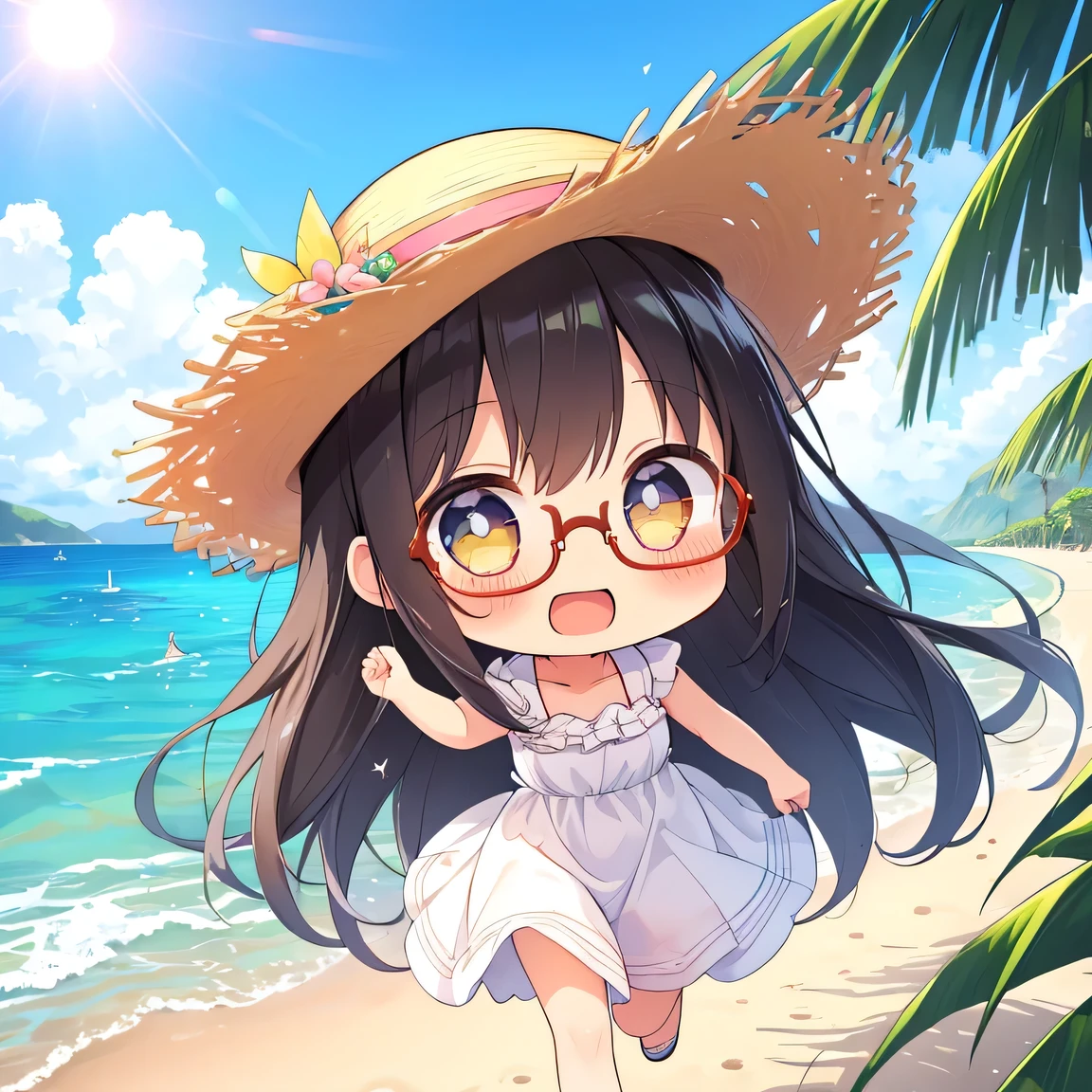 ((masterpiece)), ((best quality)), (ultra-detailed), ((kawaii)), cute, (lovely), illustration, anime style, (chibi:1.2), white sundress, (beautiful eyes), beautiful black hair, long hair, (Straw Hat), slim, slender, glasses, medium breast, hot summer, (Shining Sun:1.4), (seaside:1.2), outdoor, (running around in the beach:1.3), (outstretched arms:1.3), (open mouth:1.2), Looks like a lot of fun, looking very healthy, Full of vitality.