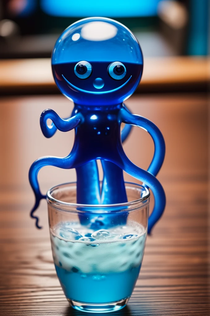 Photorealistic Humanoid blue goo creature with its torso coming out of a glass of blue liquid with tentacles, it has cute eyes, arms, hands, happy face