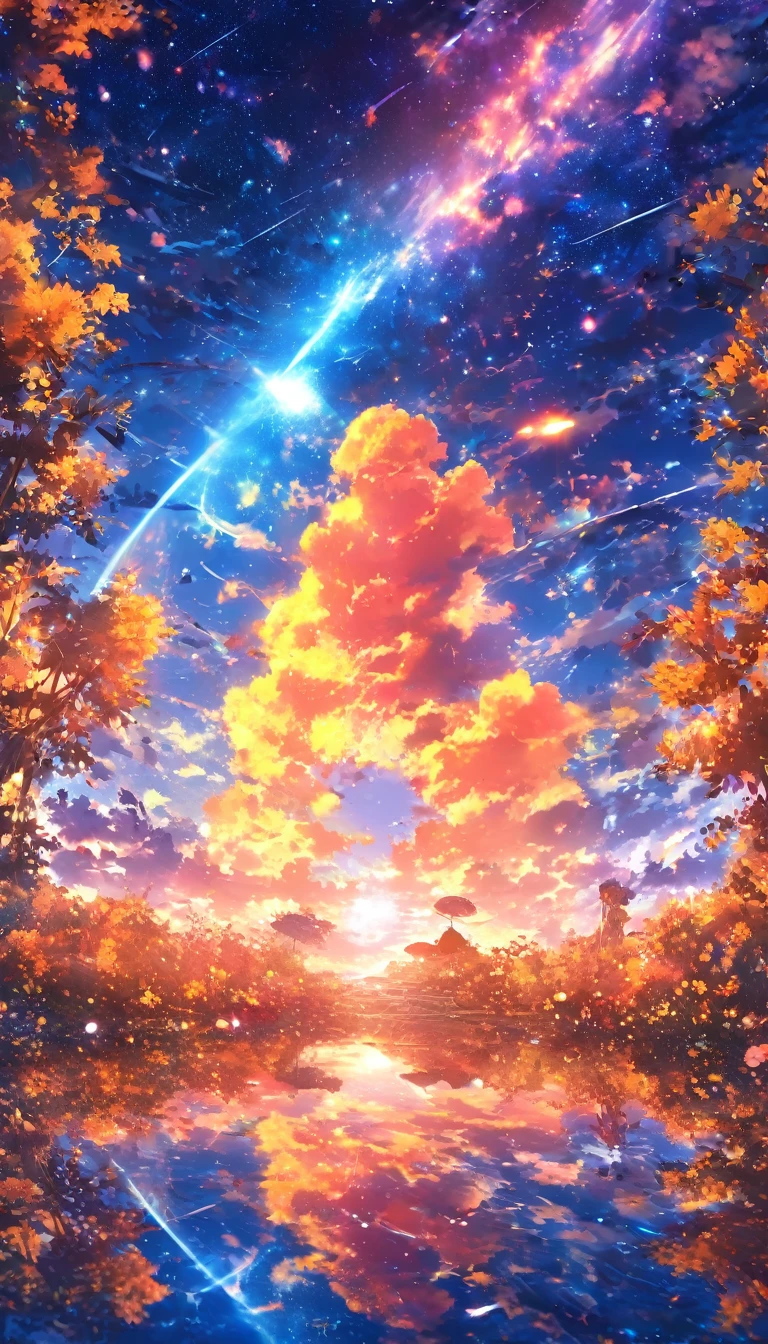 masterpiece, Concept Art, Panorama, in the center, shape, Wide Shot, garden, night, (meteor), Space galaxy background, (Great composition, Epic scale), Dynamic Lighting, Bright colors, Blue rose,landscape longeyelashes, solid circle eyes, silver hair, half-closed eyes, sad, drop shadow, anaglyph, stereogram, tachi-e, atmospheric perspective, wide shot, reflection light, 8K, super detail, best quality, anatomically correct