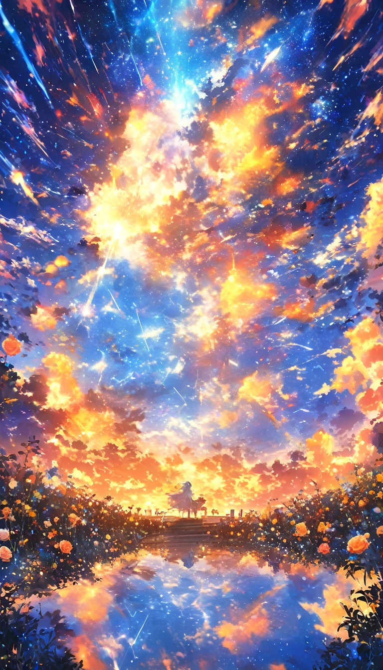 masterpiece, Concept Art, Panorama, in the center, shape, Wide Shot, garden, night, (meteor), Space galaxy background, (Great composition, Epic scale), Dynamic Lighting, Bright colors, Blue rose,landscape longeyelashes, solid circle eyes, silver hair, half-closed eyes, sad, drop shadow, anaglyph, stereogram, tachi-e, atmospheric perspective, wide shot, reflection light, 8K, super detail, best quality, anatomically correct