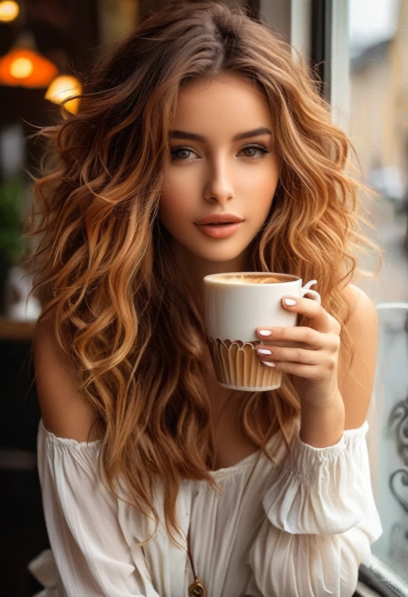 1 girl, extremely beautiful, alone, upper body, im Caffee, drinks coffee