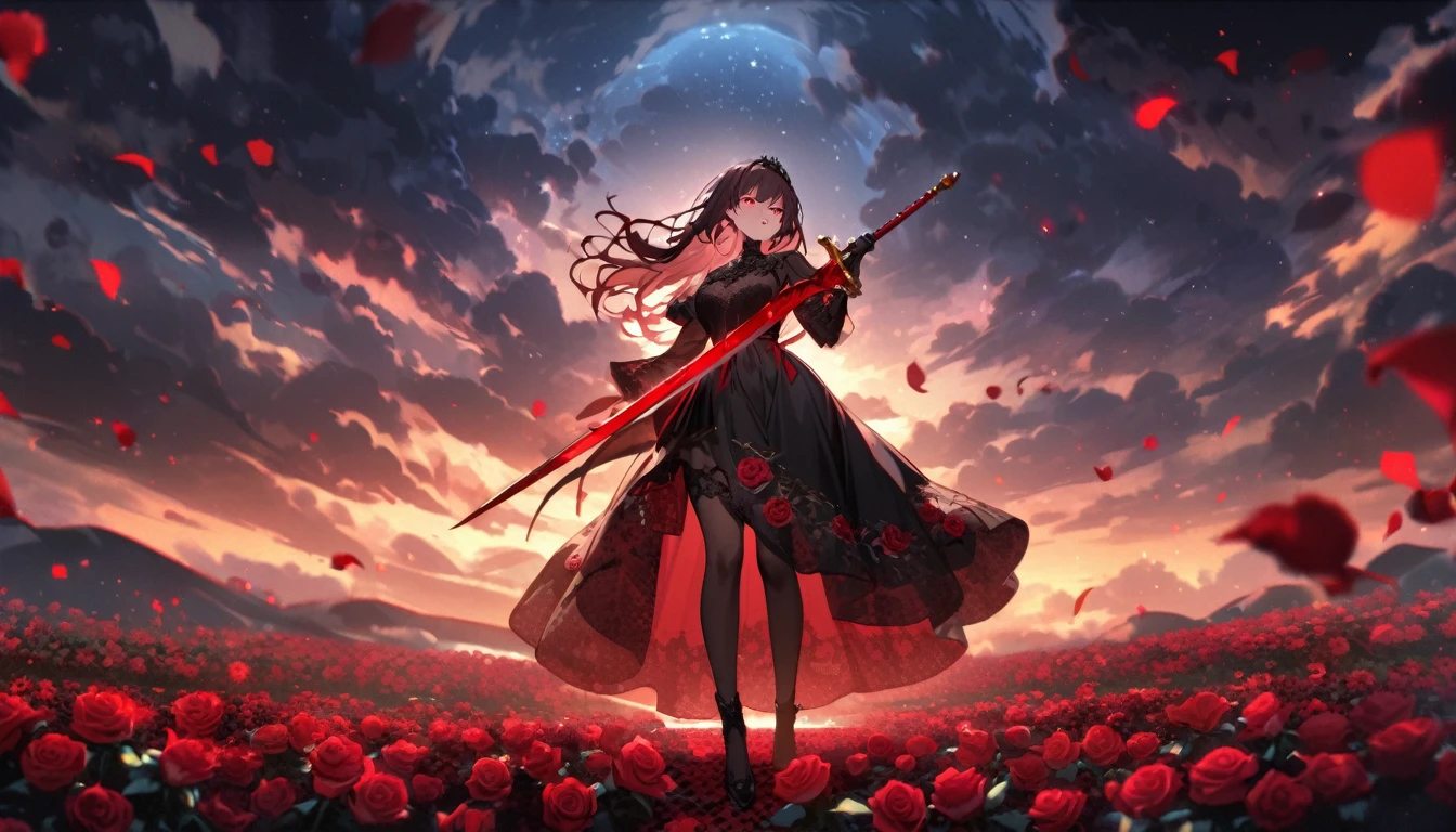 (masterpiece), (girl, full body, holding sword, red medieval sword), (black dress, ornate red, red flower patterned, translucent), (red eyes, angry), (scenery, roses, rose field, roses ornaments, stary night, night sky, clouds, flying roses), (blur, depth of field)