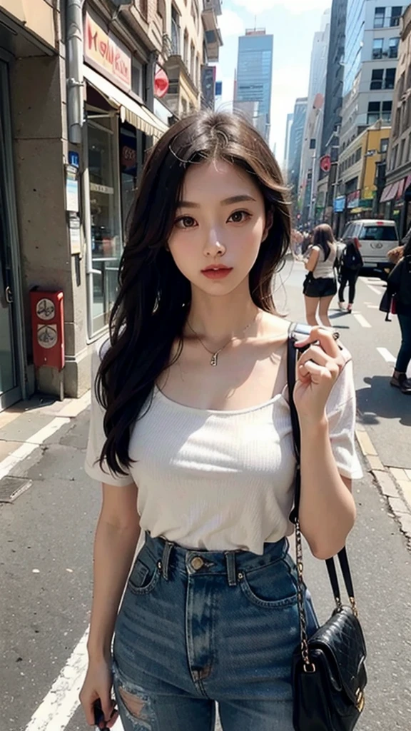 Beautiful woman, fiddling with cell phone in the middle of the street, short clothes