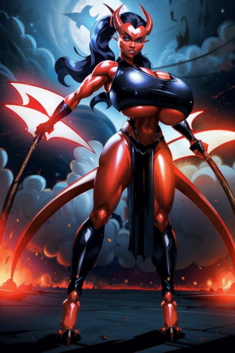 Red skin succubus tiefling, digitigrade legs, full breasts, gigantic breasts, black horns, wings, huge tail, black leather, crop top, long flowing pelvic curtain, tall, athletic, graceful, thin, long black ponytail. Action scene, whip. Dark scene, explosions, night sky.