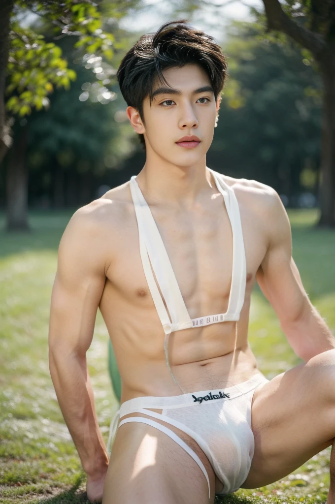 Asian muscular young boy sitting on grass, sexy, Dark eyebrows, topless, abs, wearing white thong high cut underwaer, white high cut Jockstrap, muscular young male, mid shot portrait, high quality portrait, Attractive pose, cute young man, gorgeous young model, portrait a 25 - year - old boy, casual photography, Realistic. Cheng Yi, cute young man, ((wearing micro string thong))