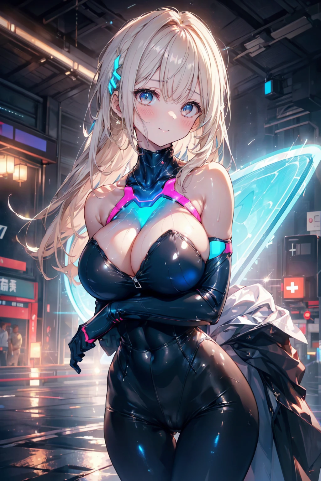 (masterpiece:1.3), High resolution, Very detailed, Very detailedな CG Unity 8k 壁紙, practical, photo-practical, RAW Photos, Beautiful and delicate face, White skin, practical glistening skin, Delicate fabric texture, Detailed hair texture, Perfect body, Pretty face, Accurate, Anatomically correct, Very detailedな顔と肌の質感, Natural neck length, (Beautiful Hands), (White skin:1.2), Sweating of the skin:1.2, Thin legs, Thin legs, Sexy thighs, Sweating of the skin:1.1, 
rest, 
Beautiful Eyes, Symmetrical eyes, Light brown eyes, double eyelid, Sparse eyebrows, (Glossy Lips:1.4), ((Cute smile:1.2)), (blush:1.2),
rest, 
(Very cute girl:1.3), (Wearing metallic neon tights:1.2), 
(Large Breasts:1.2), (Cleavage, Strong chest, Chest shape, The body is slim:1.2), Toned Abs,  
(Dark blond hair, curl, Medium length hair:1.2), ((Asymmetrical bangs:1.2)), (Upper body shooting:1.2), (Looking up at the audience:1.2),
rest, 
((Leaning forward in a cute pose:1.2)), (Supergate at night:1.2), 
rest, 
((Blue Neon Light:1.3)),Huge , Abnormal breast swelling, The rib cage is larger than the shoulder blades, Large Breastsと細いウエスト，(Huge breasts:1.2)，Moisturized Skin（（Villain））（（非常Huge乳房）），（（The original skin is visible through the grooves）)