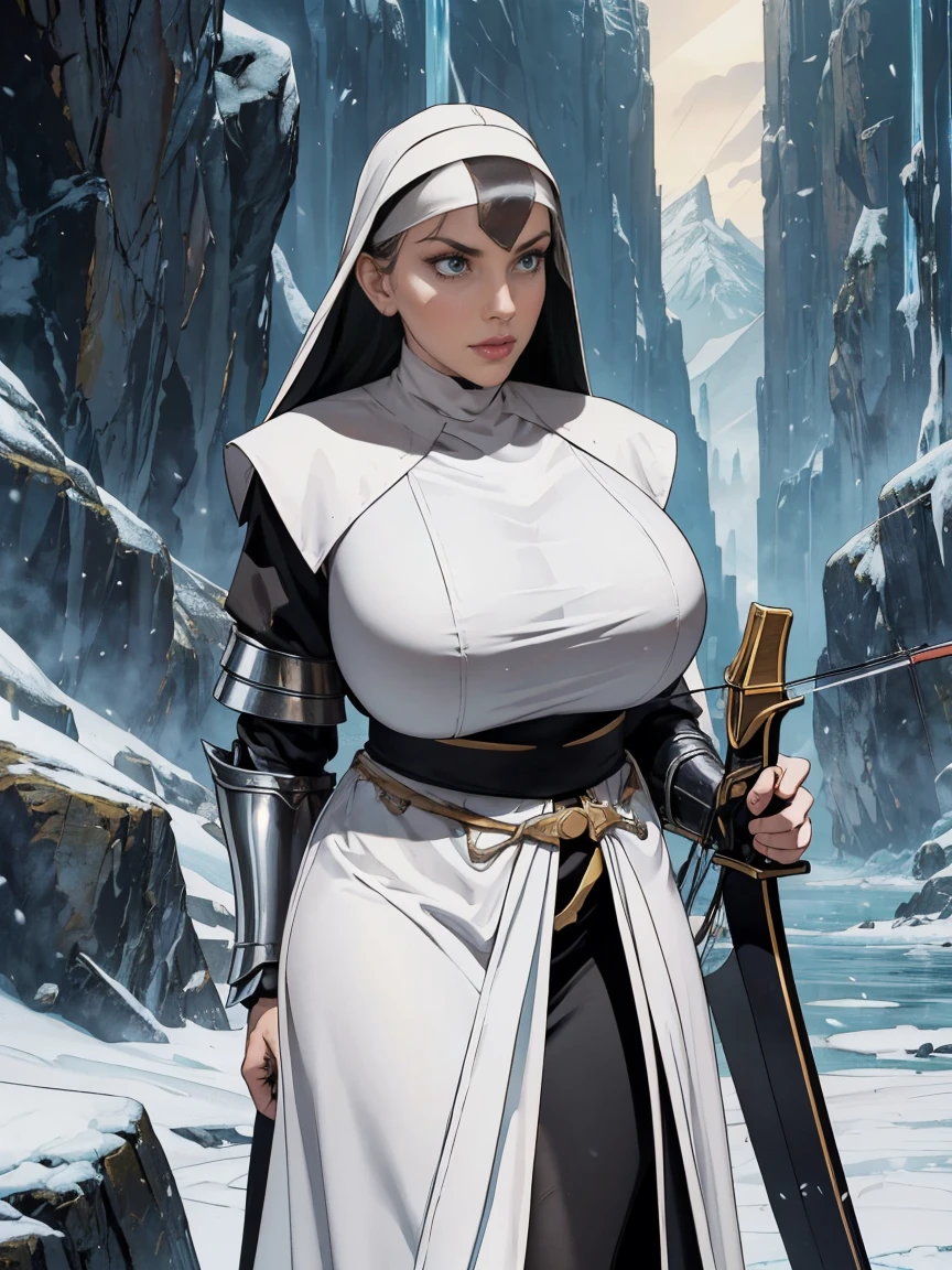 (masterpiece, top quality, best quality, official art, beautiful and aesthetic:1.2), (1girl:1.3), ((Sharp facial features, sharp features, hawkish features)), ((grey eyes)), busty paladin knight girl, extremely detailed, portrait, looking at viewer, solo, (full body:0.6), detailed background, full-body shot, (cold mountain nighttime glacier theme:1.1), holy knight, (nun), charlatan, smirk, mysterious, swaying in mountains, armor, polished metal, gold trim, long boots, white fabric, pelvic curtain, robe, pale leather, ((((nun, crossbow, heavy armor, armored, long legs, robes, prayer scrolls, toned, muscular)))), slim waist, slim hips, long legs, medieval (mountain exterior:1.1) background, dark mysterious lighting, shadows, magical atmosphere, dutch angle