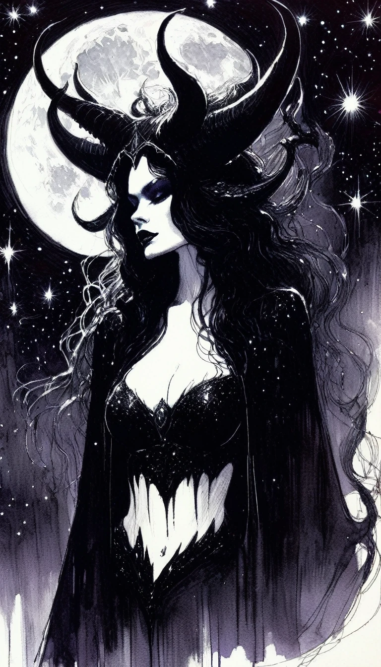 some sexy, dark, queen of hell, loneliness, magic, magic, fantastic, night sky, moon, stars, background, , tmari, sketch, traditional media, pen drawing, white background (art inspired by Bill Sienkiewicz). oil painting)
