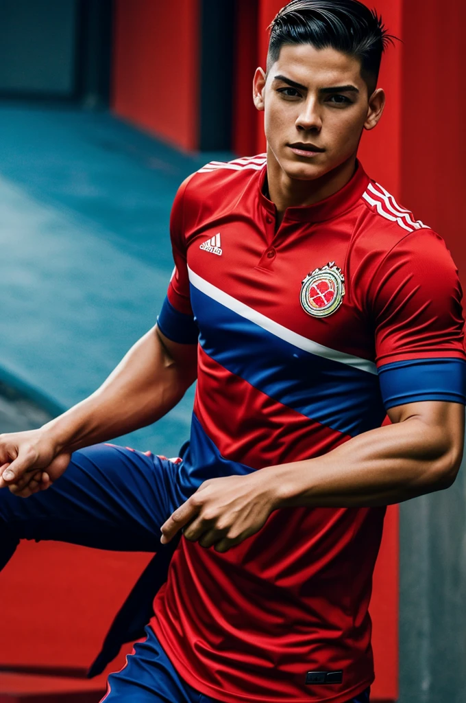 Create James Rodríguez boy super hero super red shirt from Colombia