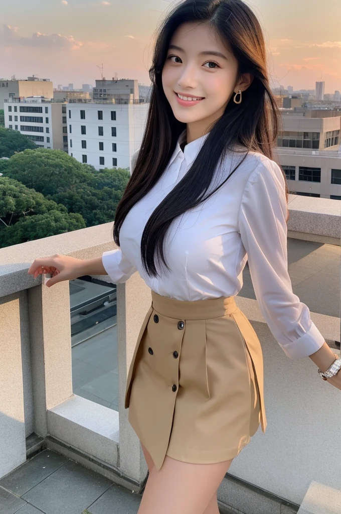 Rooftop of university building, 4th year university student, ((full body)), ((photo)), ((best qualtiy, 8K, tmasterpiece:1.3)), Focus:1.2, perfect figure beautiful girl:1.4, 1girl, cowboy shot, look at viewer, eyes facing the camera, incredibly absurd, beautiful and cute girl with a photorealistic face, showcasing top-quality craftsmanship, A Japanese girl watching the sunset on the roof of a university building, 19 years old, long, straight, silky black hair, fair skin, big eyes, thin eyebrows, double eyelids, long eyelashes, pink lips, smile, devilish smile, gorgeous features, well-defined facial features, beautiful face line, mysterious beauty, slender, tall, well-balanced proportions, large E-cup breasts, white shirt, tight black skirt, beige pumps, gold necklace and bracelet, small earrings, elegant ring, pretty girl, beauty, devilish type, pretty older sister, passionate about art, sociable, friendly, positive, has leadership skills, is proactive, is flexible, gets things done efficiently, works hard towards dreams and goals, March