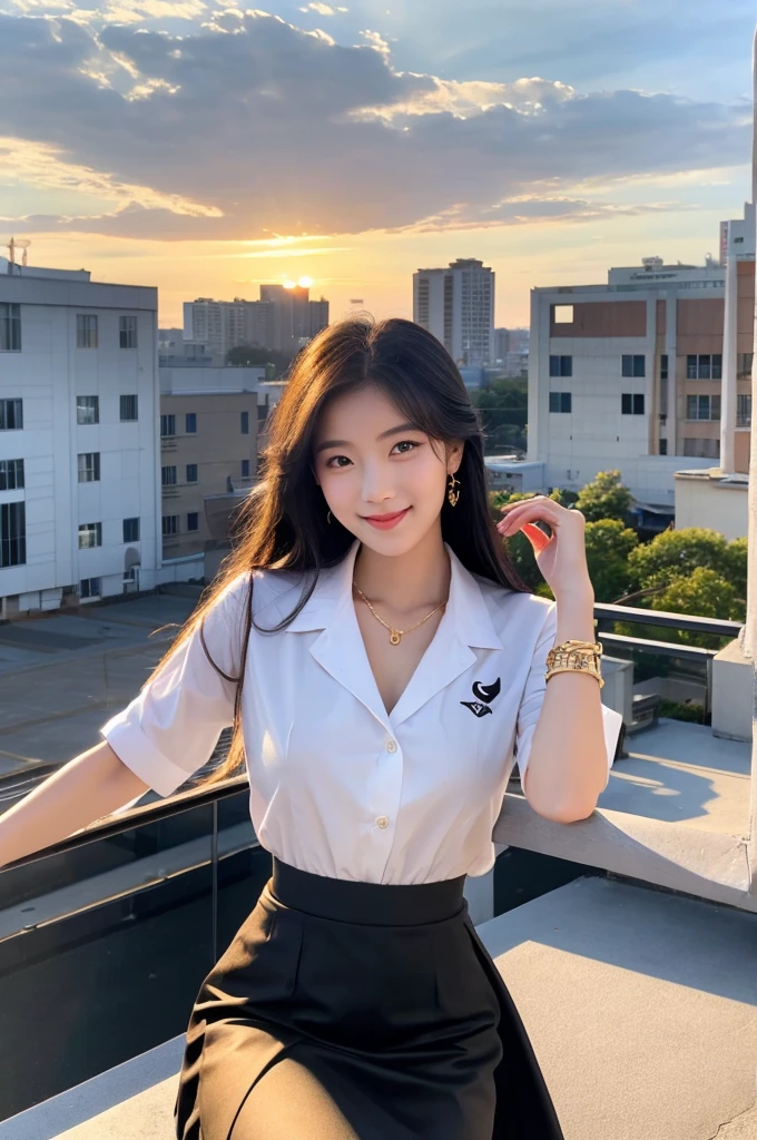 Rooftop of university building, 4th year university student, ((full body)), ((photo)), ((best qualtiy, 8K, tmasterpiece:1.3)), Focus:1.2, perfect figure beautiful girl:1.4, 1girl, cowboy shot, look at viewer, eyes facing the camera, incredibly absurd, beautiful and cute girl with a photorealistic face, showcasing top-quality craftsmanship, A Japanese girl watching the sunset on the roof of a university building, 19 years old, long, straight, silky black hair, fair skin, big eyes, thin eyebrows, double eyelids, long eyelashes, pink lips, smile, devilish smile, gorgeous features, well-defined facial features, beautiful face line, mysterious beauty, slender, tall, well-balanced proportions, large E-cup breasts, white shirt, tight black skirt, beige pumps, gold necklace and bracelet, small earrings, elegant ring, pretty girl, beauty, devilish type, pretty older sister, passionate about art, sociable, friendly, positive, has leadership skills, is proactive, is flexible, gets things done efficiently, works hard towards dreams and goals, March