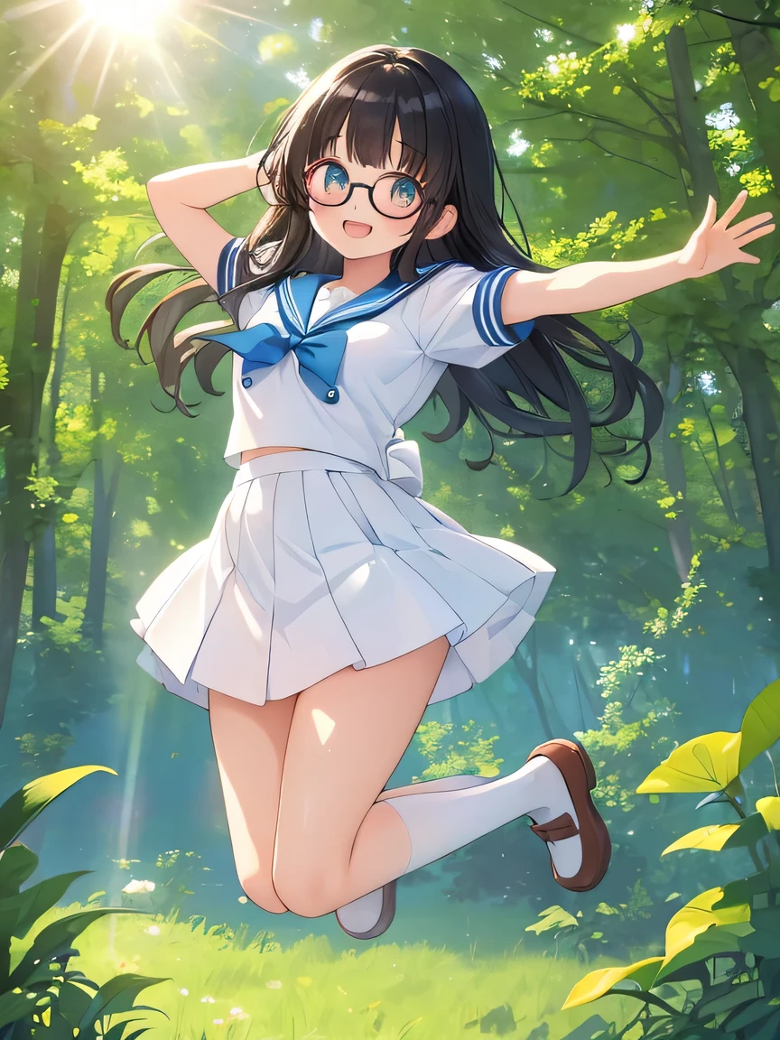 ((masterpiece)), ((best quality)), (ultra-detailed), ((kawaii)), cute, (lovely), illustration, anime style, Sailor uniform, short sleeves, (beautiful eyes), beautiful black hair, long hair, slim, slender, glasses, medium breast, hot summer, (Shining Sun:1.4), (forest), outdoor, (jumping:1.3), smiling, (open mouth:1.2), Looks like a lot of fun, looking very healthy, Full of vitality.