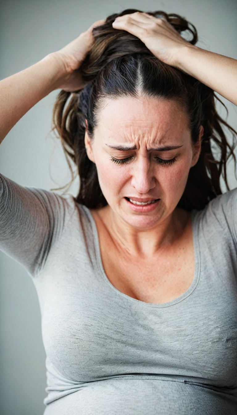 a pregnant woman with her hands over her hair with a face of great pain 