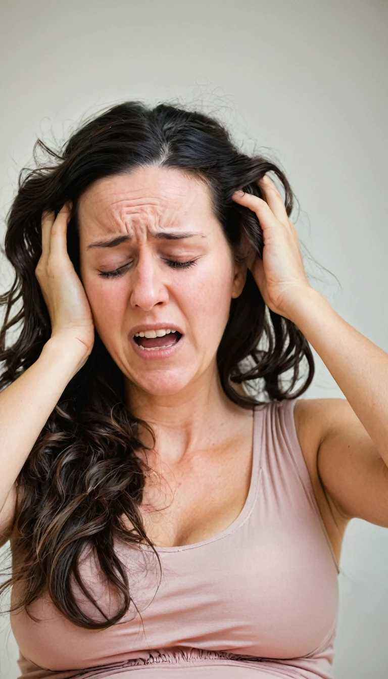 a pregnant woman with her hands over her hair with a face of great pain