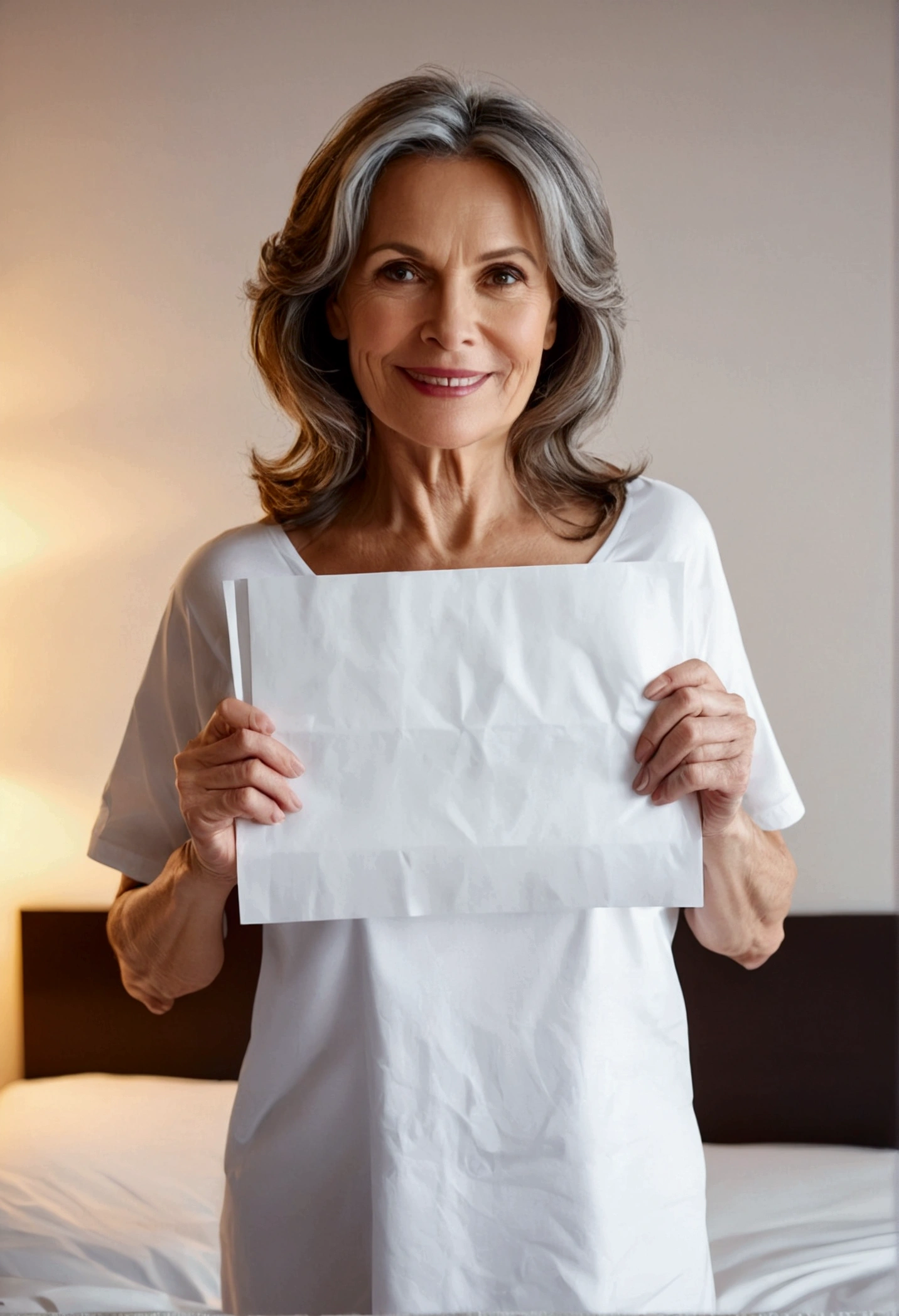 adult woman 50 years old, holds a white sheet of paper in his hands on top of his chest and shows it to the camera, with firm breasts, Standing beside the bed, smiling, looking at the camera