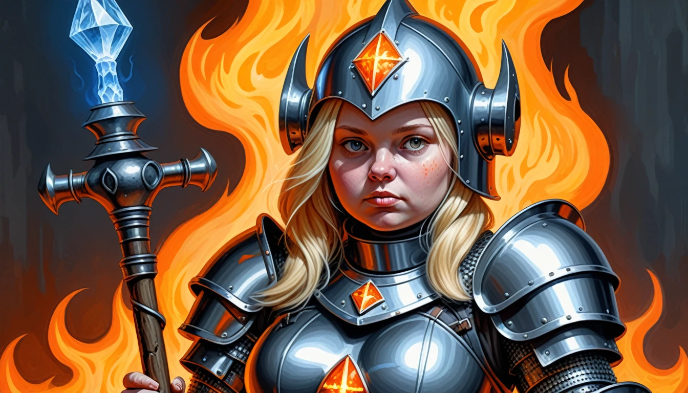 Highly detailed, UHD, 32k, medieval fantasy, heavy metal magazine cover, oil on canvas. a 21 years old blond human female chubby villager, she is not beautiful, her face is dull and plain, she is clad in a bluish metal shining plate armor, on her head she is wearing a blackish metal helmet with orange accents, and in her right hand she is holding a magical staff. At the top of the staff there is a magical crystal that emits flames. Behind her is the army of her kingdom, ready for battle