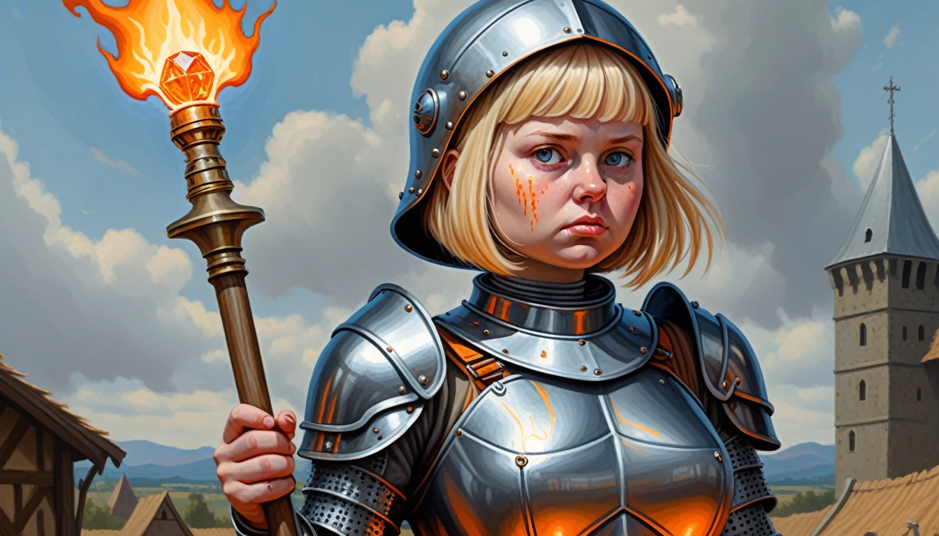 Highly detailed, UHD, 32k, medieval fantasy, heavy metal magazine cover, oil on canvas. a 21 years old blond human female chubby villager, she is not beautiful, her face is dull and plain, she is clad in a bluish metal shining plate armor, on her head she is wearing a blackish metal helmet with orange accents, and in her right hand she is holding a magical staff. At the top of the staff there is a magical crystal that emits flames. Behind her is the army of her kingdom, ready for battle