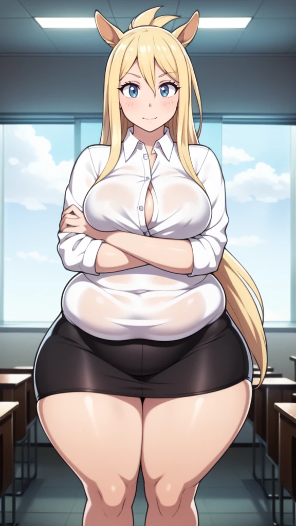 , ((high resolution)),Masterpiece, high quality, Best Quality, beautiful, perfect lighting, detailed face, ultra cute face, ((1 girl)), ((Alone), long blonde hair, Horse tail, Blue eyes, glasses, embarrassed look, masochist, woken up, ((blush)), looking at the viewer, crossed arms, standing in a classroom, (classroom), day time, Dress shirt, tube skirt, (tight clothes), ((chubby)), (High thighs), (Wide hips), ((thick thighs)), medium breasts, perky breasts, 24 year old woman,