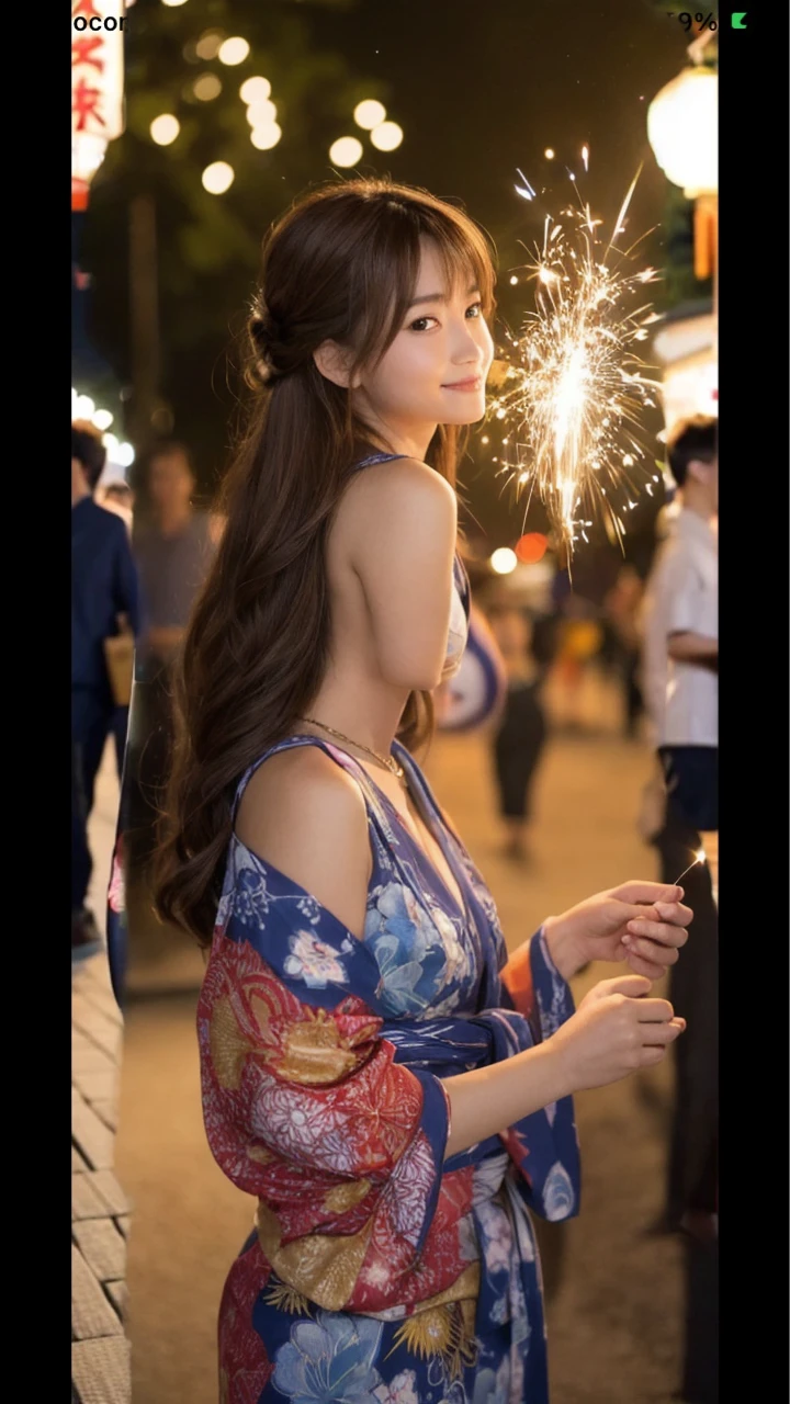 23 years old Japanese Beauty woman Light brown hair Hair tied up Half body, eyes looking up Happy expression high resolution firework大会 Cute Straight short hair style Glossy, radiant skin 8K Photo, Highest quality, masterpiece, Realistic, Realistic Pointed, shiny lips Super cute face,,Glossy lips, Attractive appearance, 8K resolution, High detail, Detailed face, Spectacular movie lighting, Cute expression, Ultra-realistic, Perfect limbs, Perfect Anatomy Wearing a yukata correctly、firework、Anatomically correct、night、Dutch Angle、Photographed from the bottom right looking up、Realistic、masterpiece、Expensive and wonderful、High resolution
