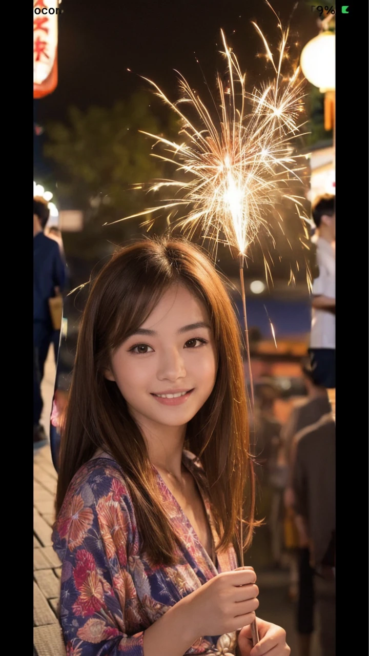 (“solo” Detailed and realistic portrait of a beautiful young Asian woman。She has long light brown hair and big light brown eyes. )((fulltomboy girls, small head)), (chiseled abs : 1.1), (perfect body : 1.1), auburn hair, collar, chain, full body shot, , Top quality, 1 beautiful woman, long Hair, brown hair, A beautiful woman with her hair up, wearing a vibrant yukata, holds a sparkler in her hand under the night sky. The light from the sparkler softly illuminates her face, highlighting her charming smile. The background exudes the quiet ambiance of a summer night, with distant fireworks audible in the distance.