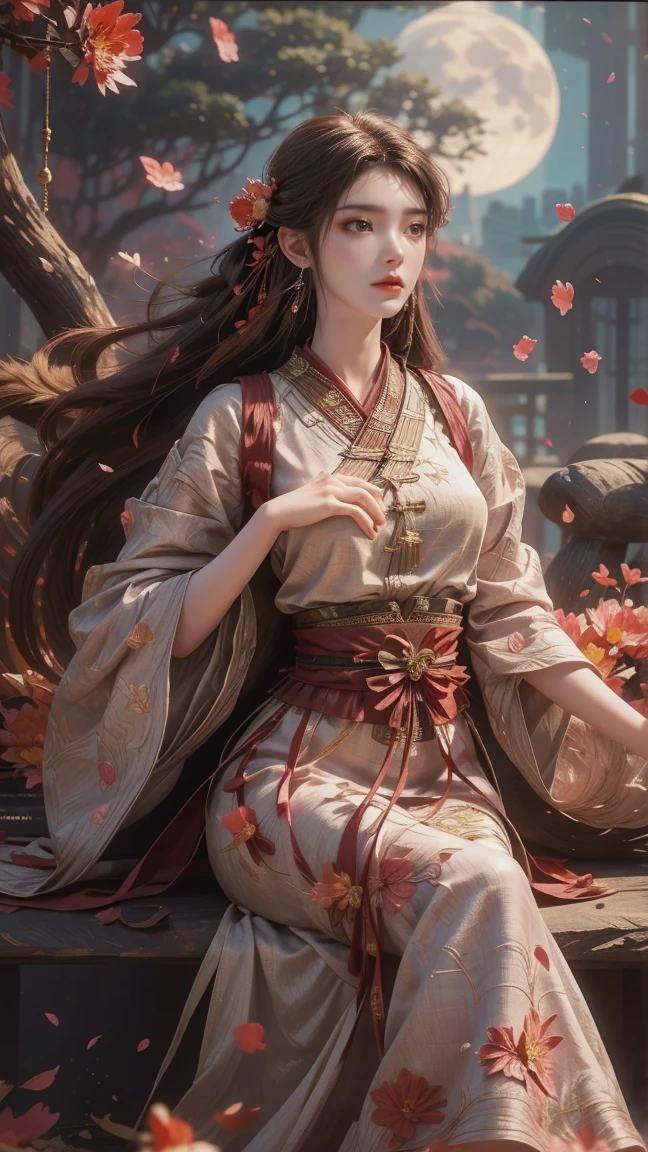 A beautiful woman with perfect curves wearing a long dress that gently flutters in the air,The beautiful woman was lie down in a sea of beautiful flowers surrounding her, Chinese traditional, her flexible body increasing with every movement, So enchanting, the dim candlelight, the glowing butterflies fighting the darkness of the night, the light of the moon, The night wind blowing the curtains, the pink flower petals , flower petals flying around the room, Chinese dancing, This woman is so beautiful that she attracts everyone who watches her, ancient China, imperial empress