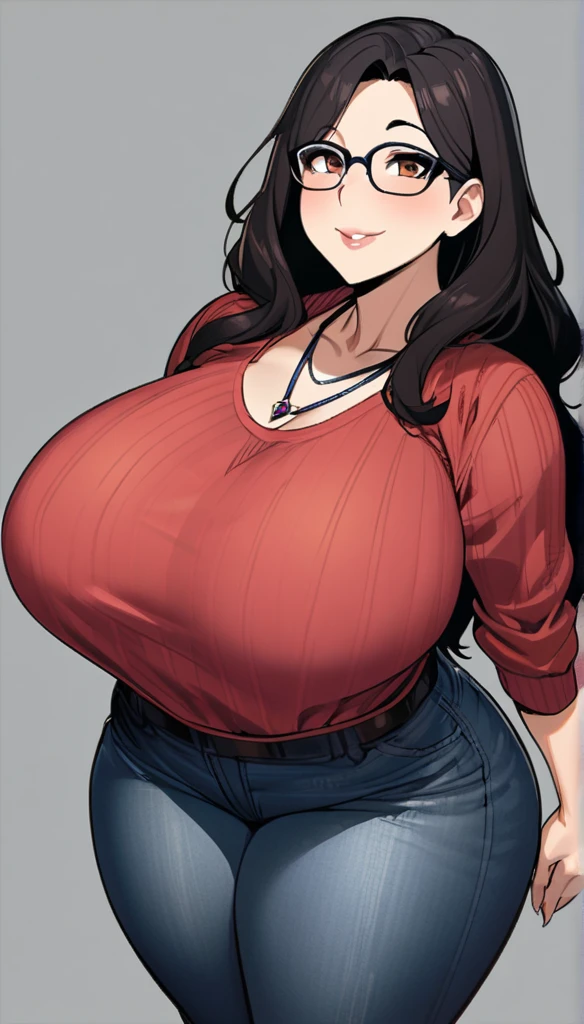 1girl,solo,Mature Woman,Black Hair,long hair,brown eyes color,Glasses,mother,gentle,kind face,Super huge breasts,Flabby thighs,wipWhipped thighs,knit with vertical lines accentuating the lines of the body,jeans that accentuate the body's curves,necklace,standing up,Looking at this,Inclusive,White background,