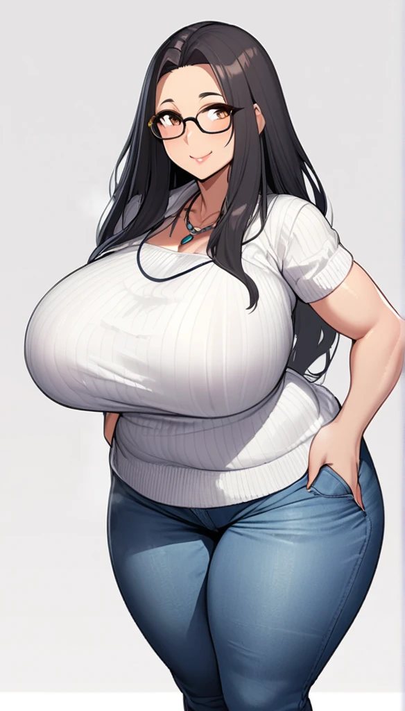 1girl,solo,Mature Woman,Black Hair,long hair,brown eyes color,Glasses,mother,gentle,kind face,Super huge breasts,Flabby thighs,wipWhipped thighs,knit with vertical lines accentuating the lines of the body,jeans that accentuate the body's curves,necklace,standing up,Looking at this,Inclusive,White background,