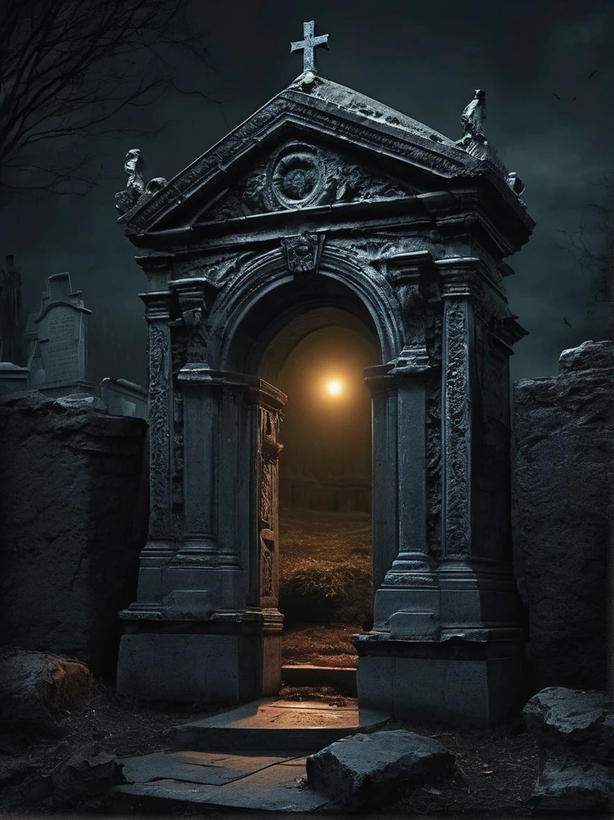 In the depths of an ancient
cemetery, a mausoleum stands as
a monument to the dead. As night
falls, the stone doors creak open
of their own accord, and the
restless spirits within begin to
stir, their mournful cries echoing
through the night.