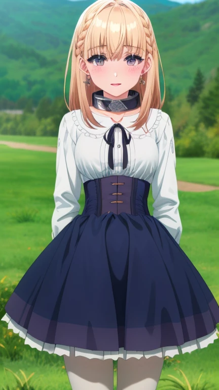 ,camel toe,whole body,White pantyhose,pantyhose,å©•ä¸,1 girl,star earrings,alone,blonde hair,Braid,medium hair,bangs,bright pupil,茶Farbeの目,hair between eyes,white pupils,
Metal collar,neck ribbon,white shirt,black ribbon,center ruffle,corset dress,blue clothes,long sleeve,ruffle skirt,medium breasts,clavicle,笑face, blush, lift skirt mary janes,outdoor,Grass,wind,wind lift,Fallen leaves,, exquisite visuals, High resolution,masterpiece,Highest quality,, 18-year-old,young woman,Beautiful refers to,Beautiful long legs,Beautiful body,beautiful nose,Beautiful character design, perfect eyes, perfect face,expressive eyes,
official art,Highly detailed CG Unity 8K wallpaper, perfect lighting,Farbeful, bright_front_face_lit,shiny skin,
(masterpiece:1.0),(Highest_quality:1.0), 超High resolution,4K,super detailed,
photograph, 8K, HDR, High resolution, disorganized:1.2, kodak portrait 400, film grain, blurred background, bokeh:1.2, Lens flare, (vibrant_Farbe:1.2), (beautiful_face:1.5),(narrow_waist), ,NSFW,